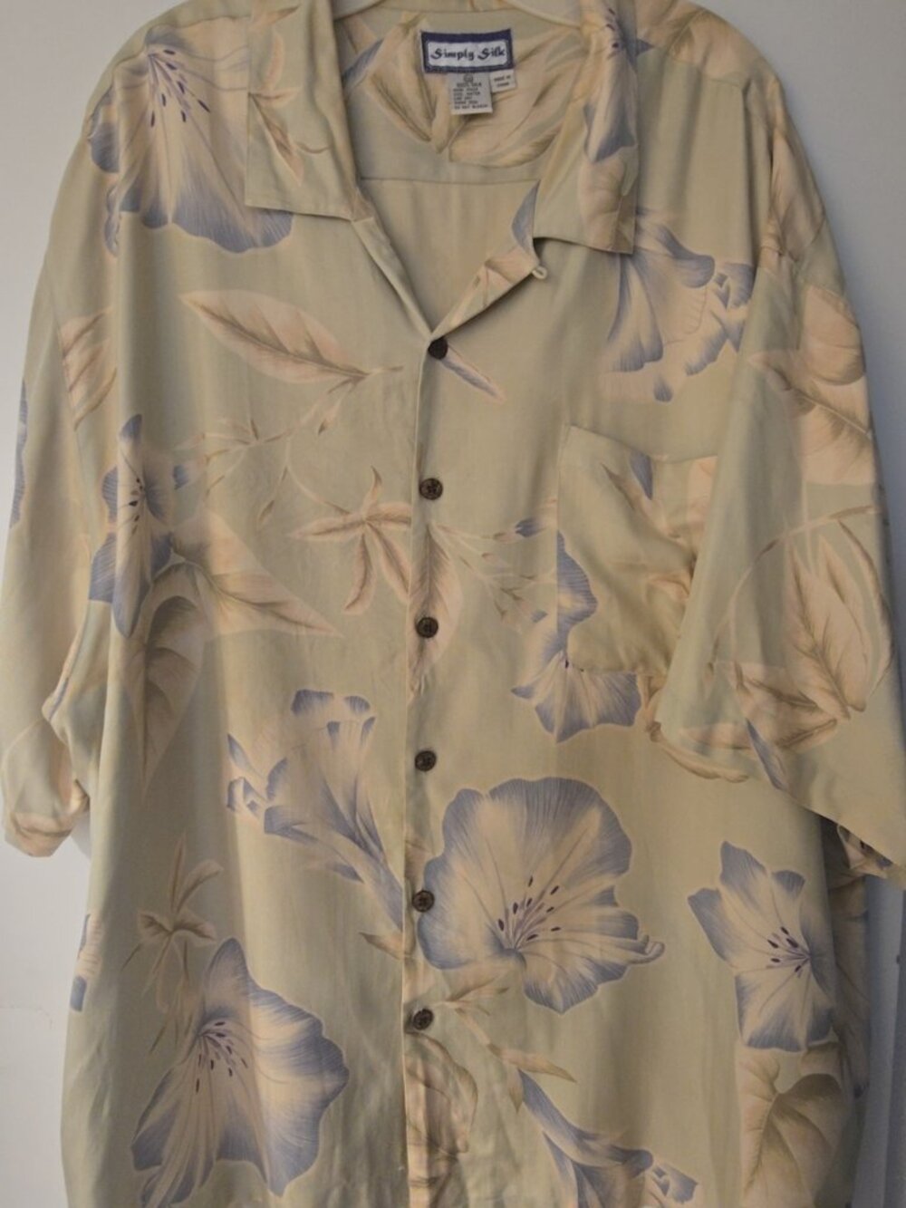 Simply Silk Mens XXL Hawaiian Camp Shirt 100% Silk Sage Blue Floral Short Sleeve